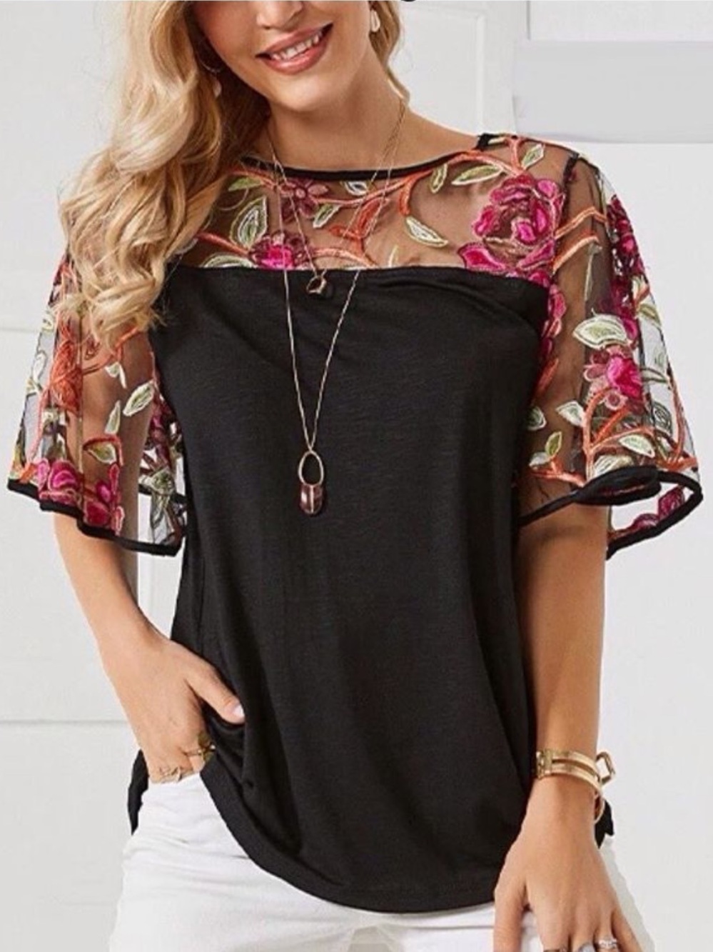 SUZANNE BETRO BLACK & EMBROIDERED FLORAL MESH SHORT SLEEVE TOP BLOUSE SZ XL